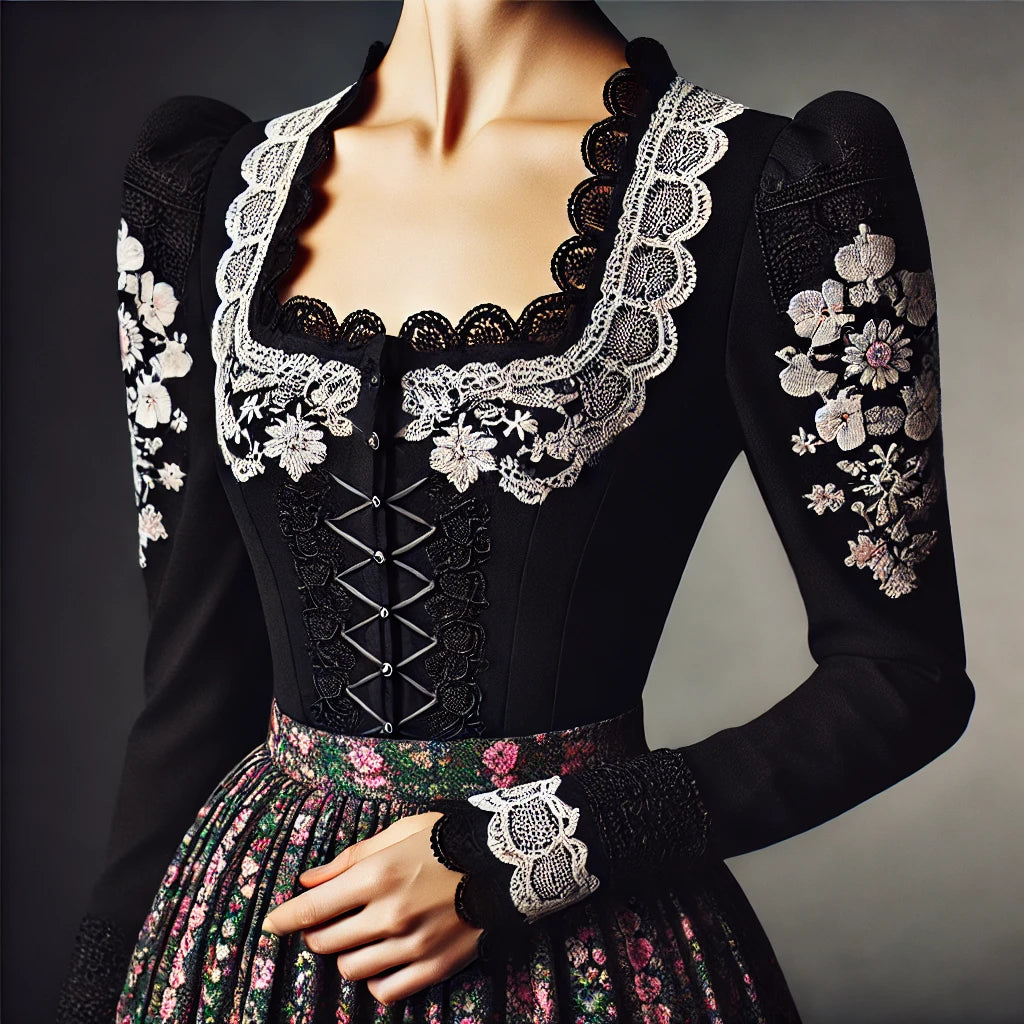 Die Eleganz von schwarzer Langarm-Dirndlbluse, langärmliger schwarzer Dirndlbluse und einfarbigem Dirndl