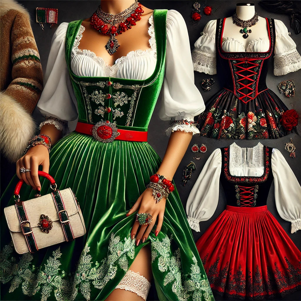 Die Schönheit von grünem samtigem Dirndl, rot-schwarzem Dirndl und rot-grünem Dirndl