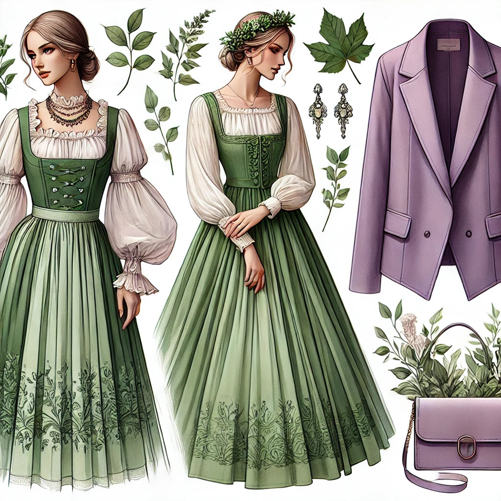Die Schönheit von salbeigrünem Dirndl, Dirndl in Länge und lila Damenjacke