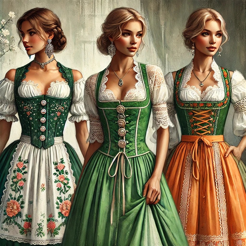 Die Schönheit von knöpfbaren Dirndl, grünem Damen-Dirndl und orangenem Dirndl