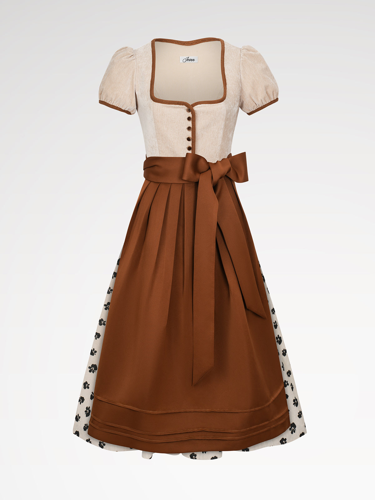 Damen Braun Knöpfen Floralem Muster Dirndl